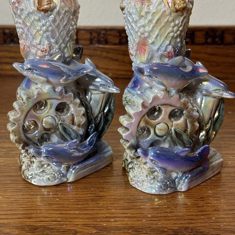 Vintage Pair Iridescent Dolphin Ocean Ceramic Vases 7.5